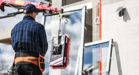Profielfoto van functie glaszetter. Man bedient een kraan die met een zuignap een raam plaatst