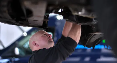 Profielfoto van de functie autoschadehersteller in de sector mobiliteit. Man werkt onder een auto die omhoog getakeld is.